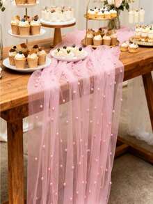 1 pièce Chemin de table en tulle avec perles roses, nappe en tuile transparente, décoration de mariage, nappe de table de mariage, décoration de centre de table de salle à manger, fournitures de fête blanche, décoration de maison, fournitures de fête pour dames, décorations d'anniversaire, convient pour les mariées, les mariages, les banquets, les anniversaires, les fêtes familiales, la première communion, les fêtes de dames - perle - Voir 8