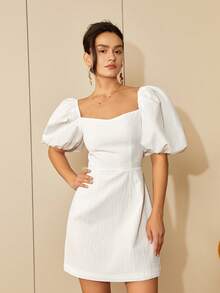 Summer Casual Solid Color Puff Sleeve Mini Dress - White - View 5