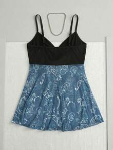 Top de tirantes con volantes, estampado abstracto de patchwork de terciopelo, estilo de vacaciones Y2K - Azul - Ver 6