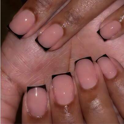 Bộ 24 miếng dán móng tay vuông ngắn, màu đen cổ điển, màu nude, màu hồng nhạt thanh lịch, che phủ toàn bộ móng giả, bao gồm 1 tờ dán móng và 1 dũa móng mini, giao hàng ngẫu nhiên.