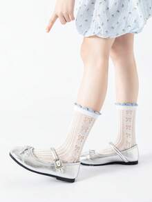 5 Pairs Spring/Summer Children's Sweet Lace Bow Mesh Mid-Calf Socks, Fresh Academic Style Versatile, Cute Breathable Student Socks, Suitable For Daily Wear - Multicolor - View 5