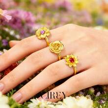 CIREY 1枚镶嵌12颗诞生石的花园12朵花戒指，18K镀金，奢华休闲风格，适合作为礼物 - 金色 - 查看 2