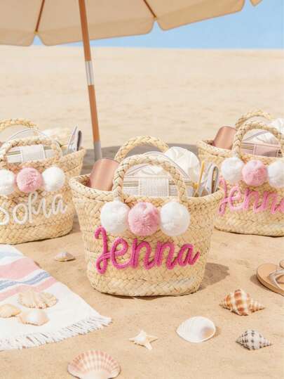 1pc Customizable Woven Tote Bag, Personalized Straw Beach Bag, Customizable Name Woven Handbag, Vacation Bag For Women, Unique Birthday Gift, Bridesmaid Gift, Mother's Day Gift