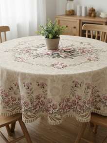 Vintage Pink Rose Floral Tablecloth, Waterproof Oil-Proof Rectangular/Round Table Cover For Dining Room, Kitchen, Party Decor - A - View 4