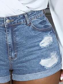 Womens High Waisted Stretchy Denim Dressy Sexy Butt-Lifting Shorts(The Size Is Too Small, It Is Recommended To Take One Size Larger) - 淺藍色 - 查看 4
