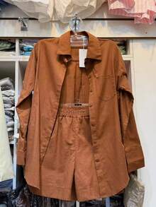 Linen Shirt And Shorts Set (2 Pieces), Lined With Elastic. - 深橘色 - 查看 1