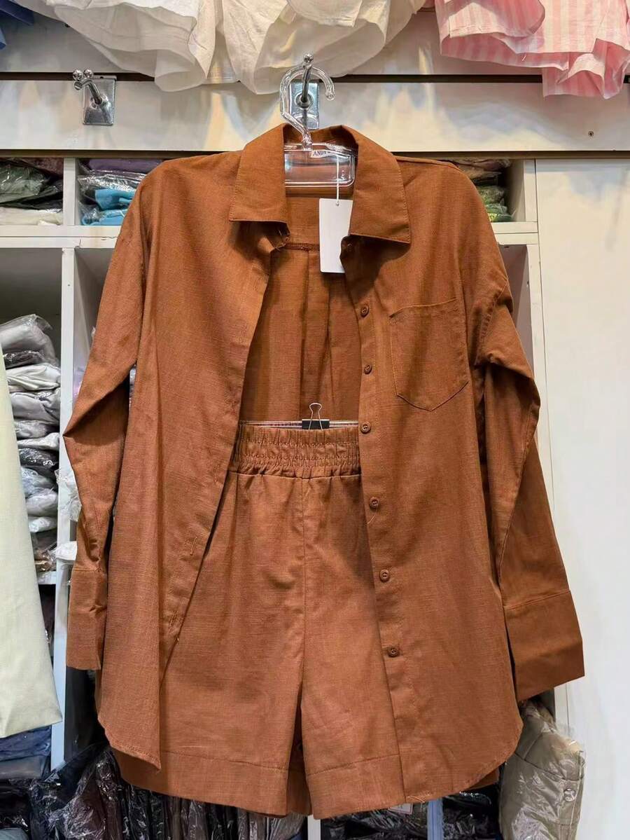 Linen Shirt And Shorts Set (2 Pieces), Lined With Elastic. - 深橘色 - 查看 1