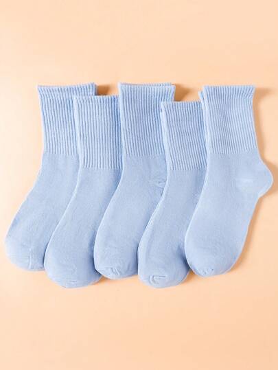 5 Pairs Of Men's And Women's Solid Color Navy Blue Comfortable High Elastic Mid Tube Socks Suitable For Commuting Sports Wear, All Season Durable, Sweat Absorbing, Breathable