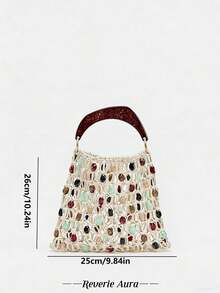 1pc Beige Vacation Casual Style Women's Handbag, Handwoven Beaded Wooden Handle Women's Tote Bag, Suitable For Beach, Outing, Travel, Matching Fashion Outfits, Dresses - Beige - View 3