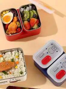 Hộp cơm giữ nhiệt Miffy bằng thép không gỉ 304, hình vuông có nắp, hộp cơm bento dành cho học sinh/nhân viên văn phòng, thiết kế hai ngăn dễ thương kiểu Nhật, nắp trong suốt có khóa cài màu đỏ. - Nhiều màu - Xem 2