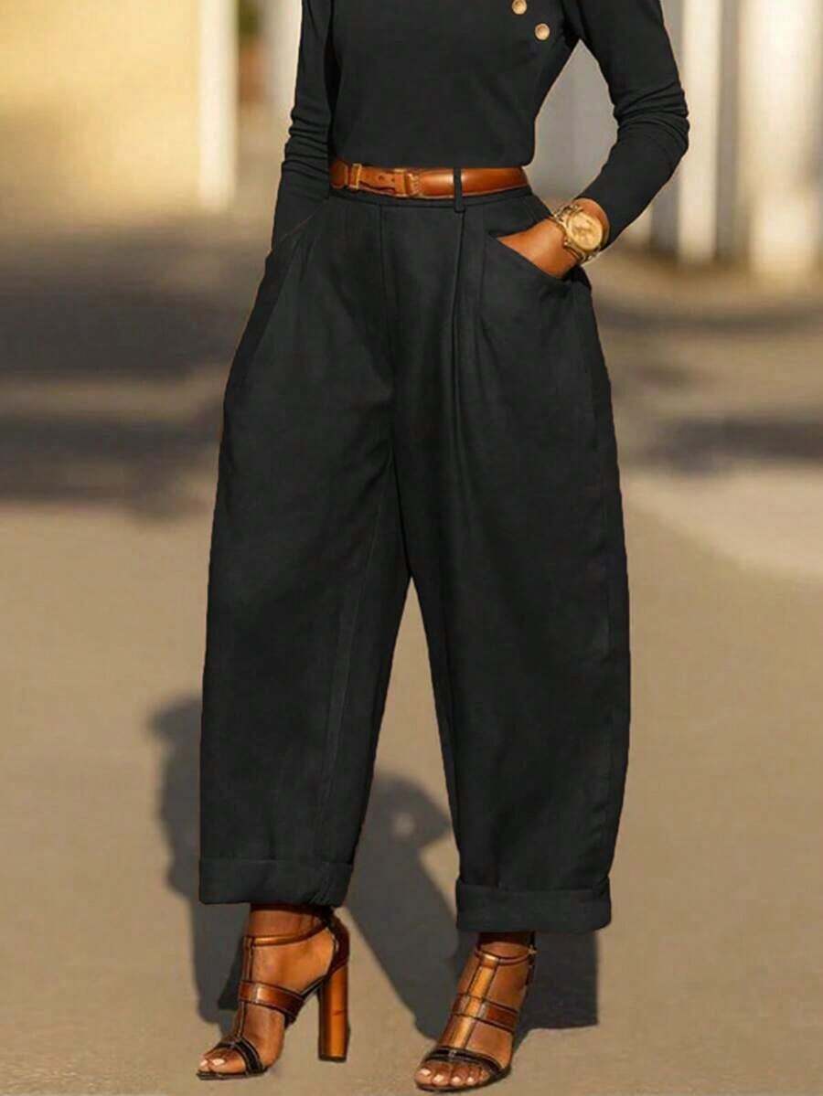 Women's Vintage Casual Solid Color Pleated Tapered Pants, Spring/Summer (Belt Not Included) Black - Brown - View 1