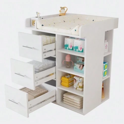 White Changing Table With 3 Drawers, Ample Storage Space Including Side Storage, Adjustable Shelves And Changing Area With Dividers. - White - View 1