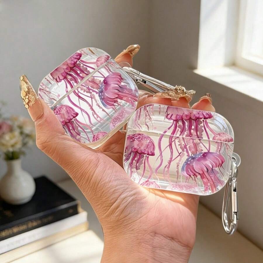 Ốp bảo vệ trong suốt hình sứa màu hồng, tương thích với hộp đựng tai nghe không dây Apple, chống trầy xước và chống rơi vỡ. - Kiểu sứa trong suốt - Xem 1