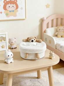 1pc Cute Cotton Rope Tissue Box, Cartoon Bear & Rabbit Design Paper Towel Holder, Home Decor For Living Room & Bedroom, Anti-Collision Storage Box - White - View 3