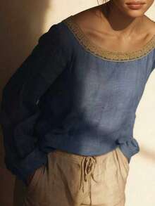 Women's Casual Lace Trim Linen Long Sleeve Blouse, Pullover Style, Leisure Vacation Top Spring - Light Wash - View 2
