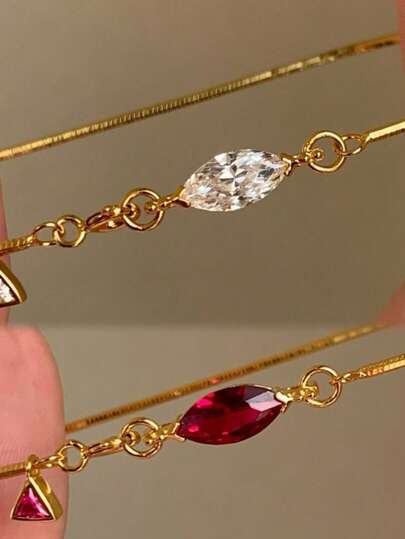 畅销极简主义蛇骨手链，饰有红色锆石水晶水滴，女士百搭款