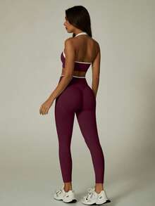 UONNOU Bộ đồ tập yoga, áo ngực thể thao viền tương phản và quần legging nâng mông dành cho phòng tập và chạy bộ. - Màu tím - Xem 7