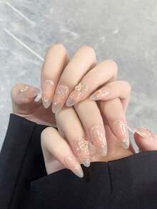 Qihangxin 10pcs Handmade Press-On Nail Stickers, Christmas Gift, False Nails, Press-On Short Nails, Almond Shape, Embedded With Gold Floral Trim, Lightweight Luxurious Elegant Style, Suitable For Various Women's Daily Wear, Removable And Reusable, Also Can Be Given As Gift To Female Friends - 均碼 - 查看 3