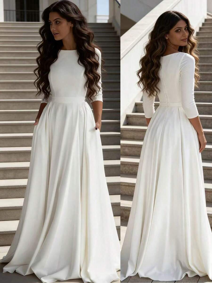Solid Color Elegant Knit Fabric Zipper Pleated Wedding Spring White - White - View 1