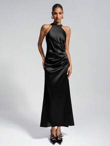 Black Elegant Crew Neck Ruched Slit Satin Midi Dress, Perfect For Wedding Guest, Date Night, Summer Vacations, Graduation, And Casual Gatherings - Black - View 9