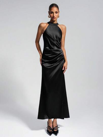 女士黑色优雅圆领褶皱开衩缎面中长连衣裙，完美适用于婚礼宾客、约会之夜、度假、夏日夜晚、度假村派对、毕业典礼和休闲聚会。