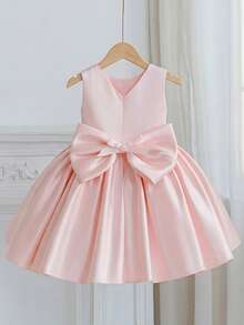 Young Girl Pink Princess Dress, Elegant Luxurious Pearl Embellished Bow Decor Satin Knee-Length Dress, Suitable For Birthday Party, Wedding Flower Girl, Prom, Graduation, Stage Performance, Casual Wear - Pink - View 9