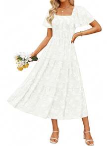 ZESICA Women's Summer Boho Floral Midi Dress 2026 Casual Short Sleeve Square Neck Flowy Beach Vacation Long Dress - 淺粉色 - 查看 10