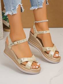 Women's Summer New Classic Platform Thick Bottom Sandals, Bohemian Style White Criss-Cross Strap Sandals, Fashion Wedge Heel Round Toe Vacation Sandals - Champagne - View 3