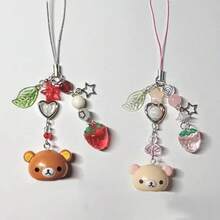 Accesorio de teléfono con colgante de oso de campana pequeño hecho a mano, llavero con cuentas con estilo Rilakkuma de fresa, accesorios para bolso de estilo Y2K y hadas para niñas - K1033-1 - Ver 1
