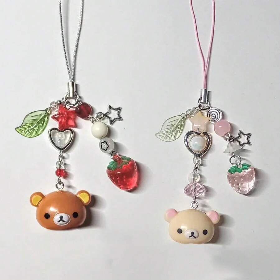 Accesorio de teléfono con colgante de oso de campana pequeño hecho a mano, llavero con cuentas con estilo Rilakkuma de fresa, accesorios para bolso de estilo Y2K y hadas para niñas - K1033-1 - Ver 1