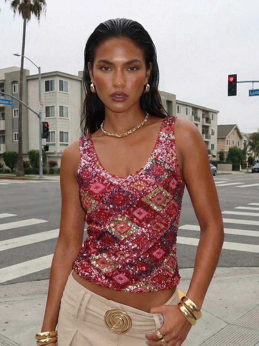 Camisetas sin mangas de lentejuelas para mujer, ajustadas, con cuello en V brillante y en contraste, estilo urbano veraniego. - Rojo - Ver 1