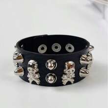 1 pieza Brazalete de cuero de PU con remaches y estampado geométrico de estilo punk, adecuado para fiestas en todas las estaciones - Negro - Ver 12