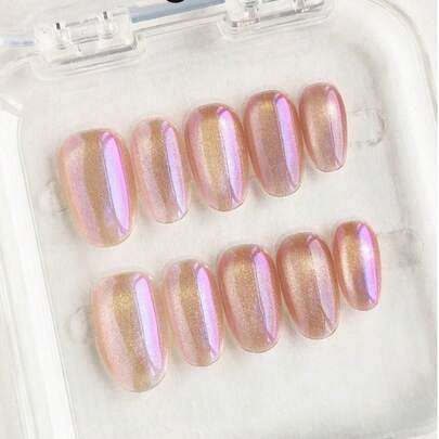 10片手工制作的短椭圆形美甲贴片，简约优雅风格，极光粉猫眼渐变，全息闪粉，亮面效果，适合女性日常通勤办公佩戴，包含指甲锉和果冻贴纸，可重复使用的亚克力美甲用品。