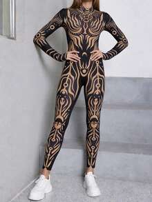 New Sexy Bodycon Round Neck Long Sleeve Contrast Color Jumpsuit For Women Black Spring Elegant - Black - View 6