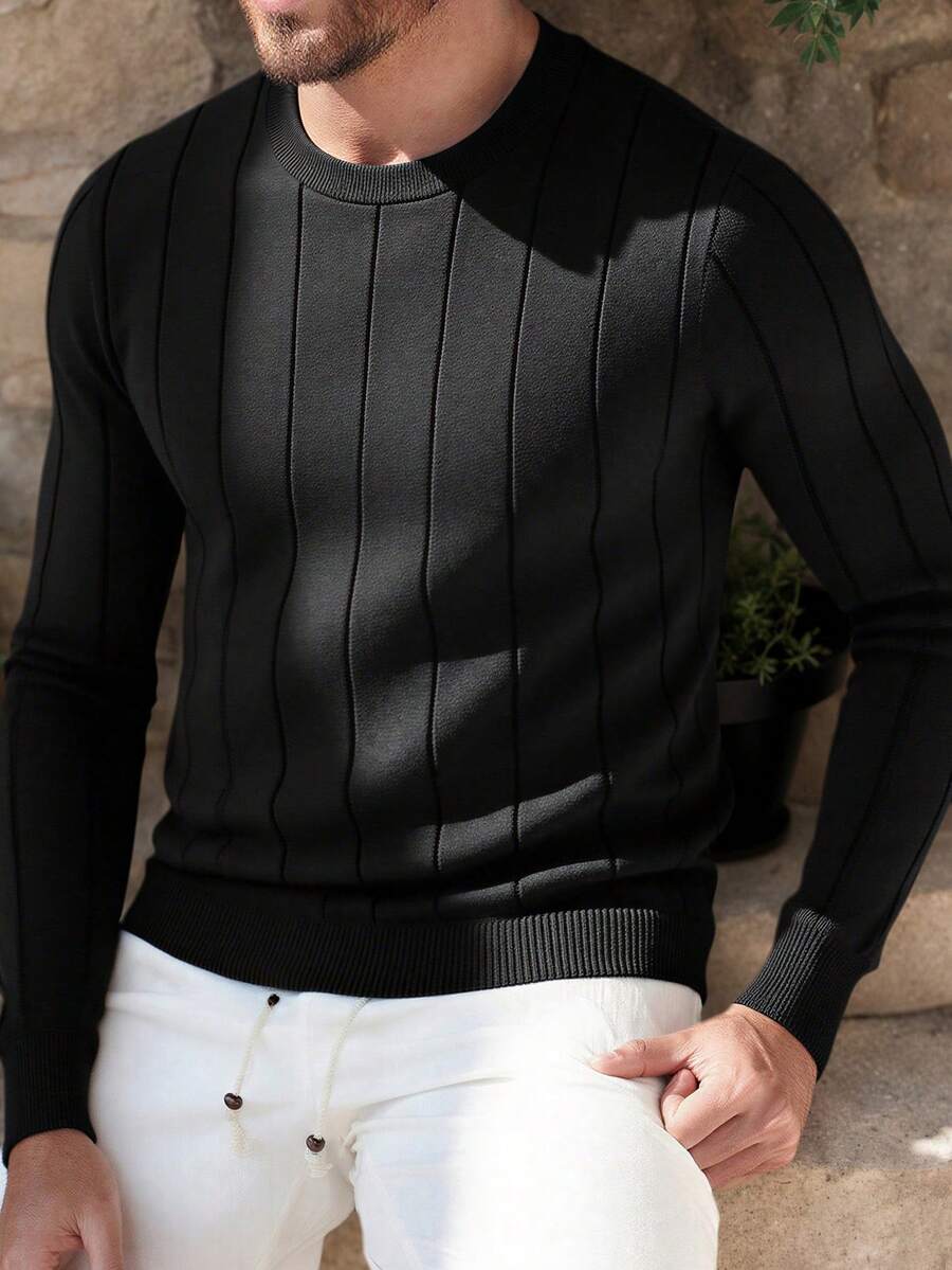 ALTZTAR Men's Casual Ribbed Knit Sweater, Round Neck, Minimalist Fashion Suitable For Daily Wear - Black - View 1
