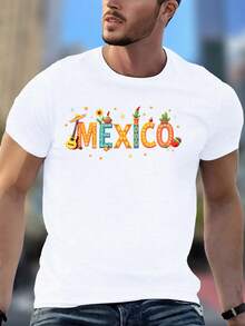 Camiseta, blusa de verão, camiseta casual masculina com estampa "México" – design vibrante com sombrero e elementos culturais, manga curta, camiseta branca de verão para adultos, roupa casual de verão | Camiseta com estampa vibrante | Caimento confortável, camiseta de algodão com estampa do México, roupa de verão masculina - Branco - Ver 6