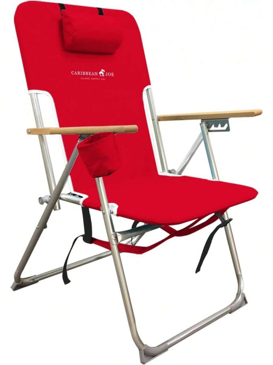 CARIBBEAN JOE Folding Beach Chair, 4 Position Portable Backpack Foldable Camping Chair With Headrest, Cup Holder, And Wooden Armrests - 藍色,青檸條紋 - 查看 1
