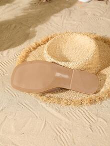 Women's Round Decorative Flat Sandals, Woven Rope Sole, Comfortable Summer Vacation Slippers, Closed Toe Bohemian Style Embroidered Woven Sandals, Khaki Slip-On Slides, Essential Home Slippers - Champagne - View 4