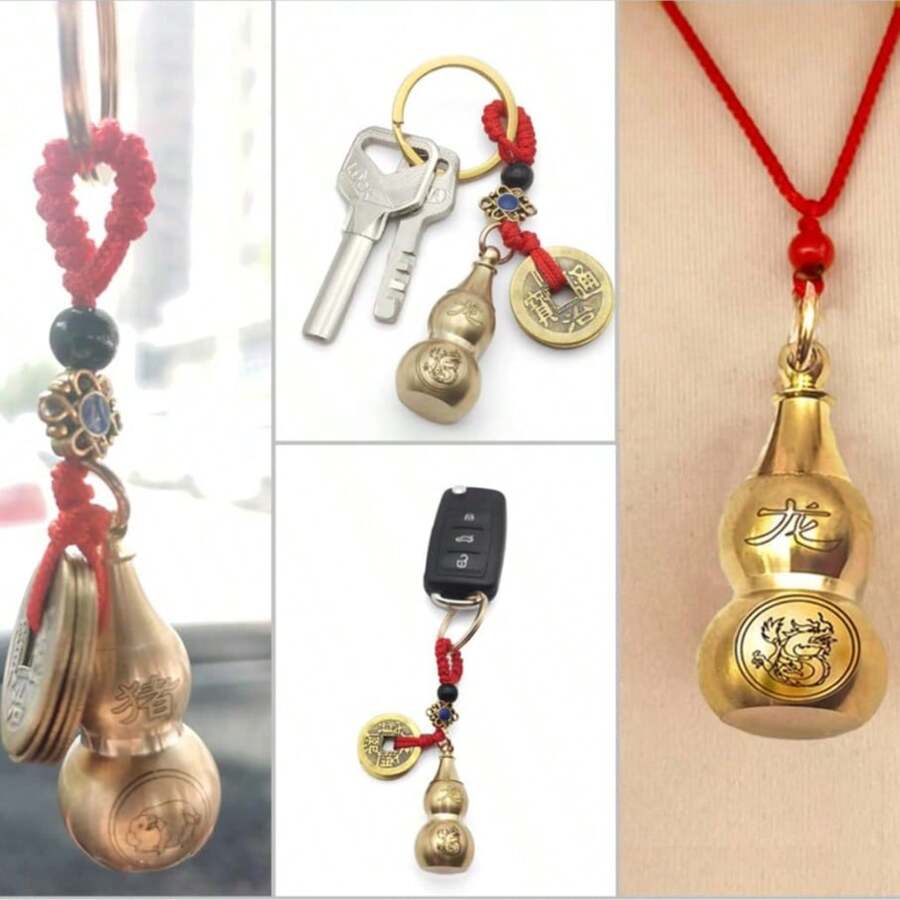 1pc Feng Shui Keychain - Auspicious Pixiu Gourd, Brass Gourd, Lucky Coin, Brings Good Fortune And Wealth, Chinese Style Decorative Pendant, Suitable For Collection And Gifting - Chinese Amulet Keychain - Brings Good Luck, Wealth And Protection - Car Keychain Accessory