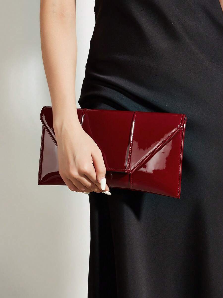 Luxury Evening Clutch, Elegant And Exquisite Lacquered Leather Flap Square Bag, Ideal Choice For Ladies, Party Girls, Suitable For Parties, Weddings, Balls, Galas, Best Gift For Mom, Teacher, Friends, Bridesmaids - Burgundy - View 1