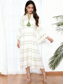 优雅刺绣阿拉伯连衣裙，绿色流苏V领长袖波浪下摆连衣裙，2026新款斋月传统服饰，宰牲节传统服装 - 白色 - 查看 4