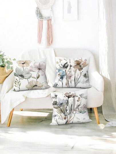 1/6件装棕白灰三色抱枕套，尺寸17.7x17.7英寸，花卉图案抱枕套，适用于沙发，现代装饰水彩花卉抱枕套，适用于沙发、卧室、客厅、农舍风格家居装饰
