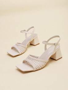 Women's White Square Toe Woven Hollow One-Strap Chunky Heel Breathable Versatile Backless High Heel Sandals For Daily Wear & Outing - White - View 5