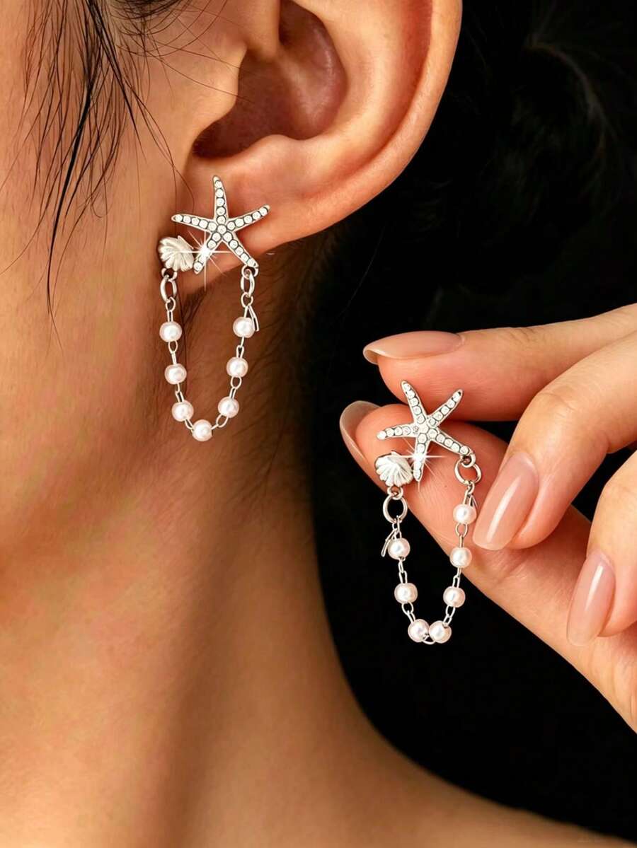 1 Pair European And American Summer Fashion Metal Starfish & Faux Pearl Tassel Earrings, Suitable For Girls Vacation Wear, Mother's Day Gift - Style 2 - View 1