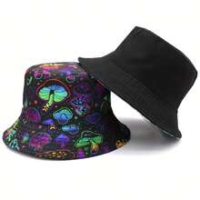 Reversible Bucket Hat, Unisex Vibrant Mushroom Print & Solid Black Basin Hat, Hip Hop Y2K Style Two-Sided Wearable Fisherman's Hat - Polychrome - View 3