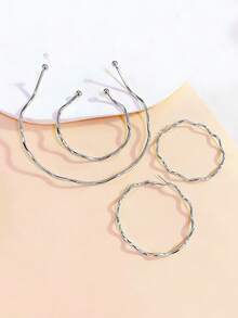 Bộ trang sức bạc tối giản hình sóng gồm dây chuyền, vòng tay và bông tai, phụ kiện dây chuyền hoa xoắn tinh tế dành cho cả nam và nữ, thích hợp cho mùa hè, tiệc tùng và lễ hội. - Bạc - Xem 3