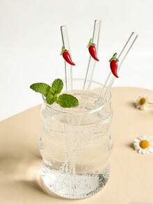 1/2/5 pièces Kit de pailles en verre incurvées transparentes réutilisables et résistantes avec design piment et embout décoratif, convient pour tasses à eau, boissons glacées, thé au lait boba, espresso, jus de fruits, smoothies, cocktails artisanaux, usage domestique, pub, café - Voir 6