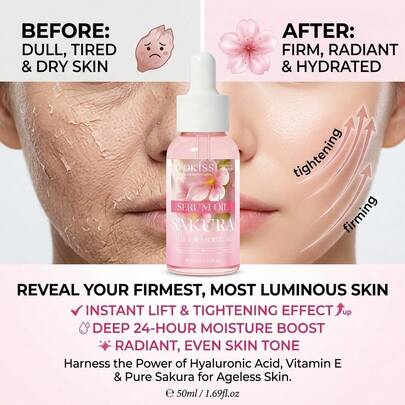 IOIOKISS 樱花紧致精华油，24小时深层保湿亮肤滋养精华，50毫升。轻盈油状质地，快速吸收，有效提升肌肤紧致度和光泽。专为干燥、暗沉、皱纹肌肤设计。令妆前乳更加服帖不卡粉，夜间滋养肌肤，清爽不油腻。