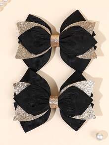 2个装女孩黑色提花丝带蝴蝶结发夹，闪亮鳄鱼夹带蝴蝶结，优雅发饰，适合花童、新娘、青少年、婚礼派对礼物。关注我们的店铺，获取最新款式，下次购物可享8%折扣。DZBB - 彩色 - 查看 2