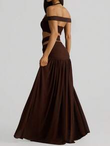 Look Polly Women's 2-Piece Set For Summer, Sexy & Alluring Off-Shoulder Crop Top With Brown Maxi Skirt, Suitable For Valentine's Day, Carnival, Casual, Beach, Resort Wear - Dark Brown - View 2